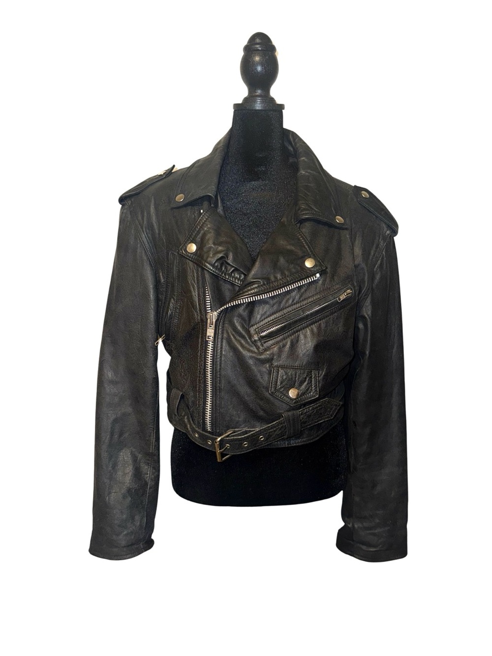 80s Classic Black Leather Biker Moto Crop Jacket Punk Women Size Large